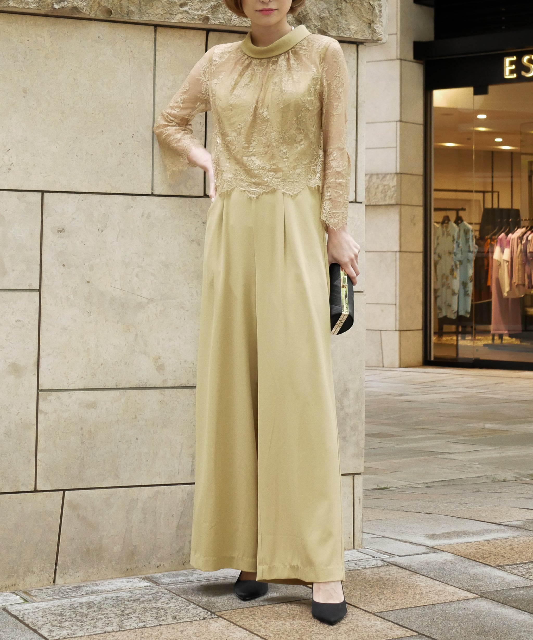 HIGHT NECK LACE PANTS DRESS