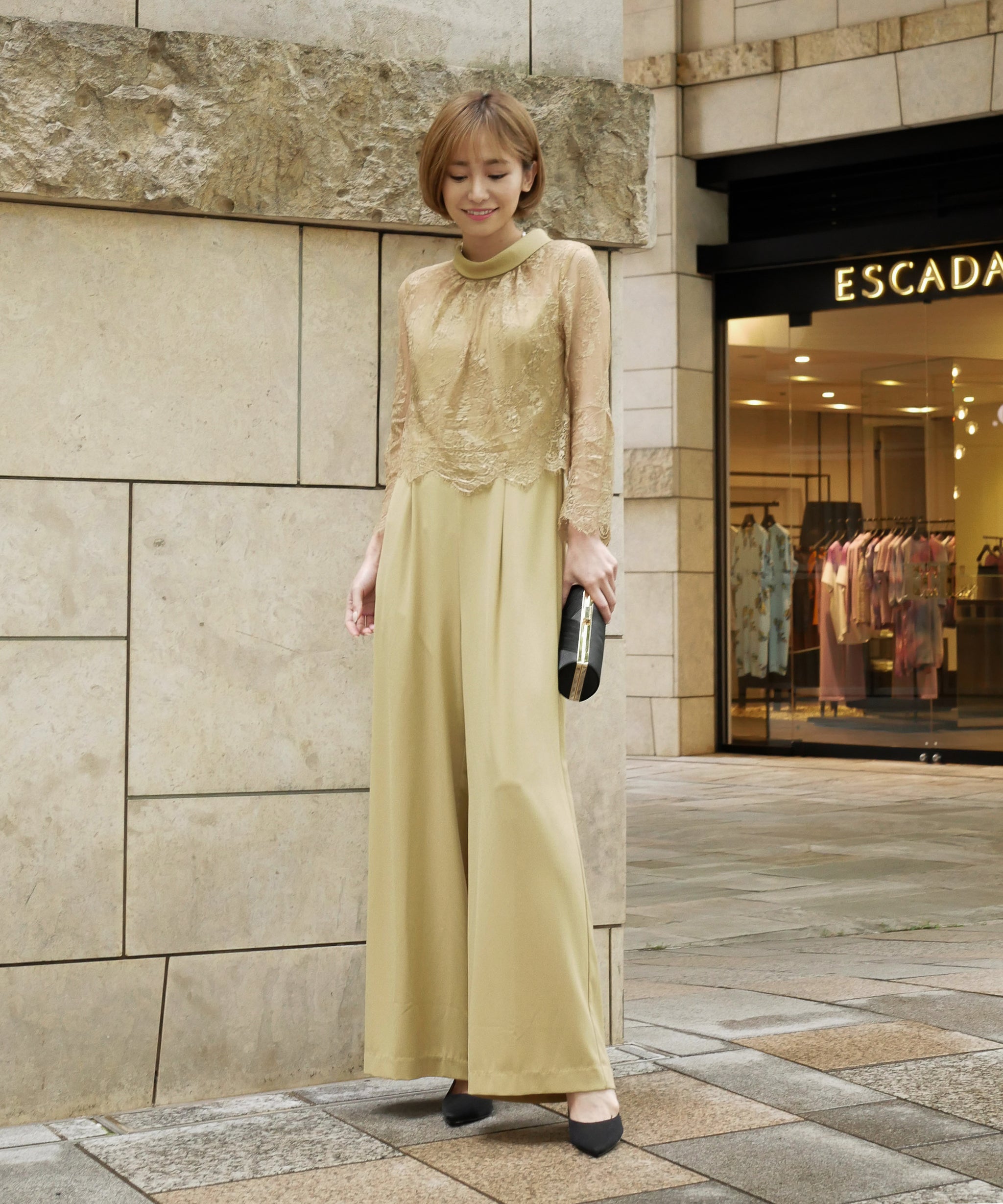 HIGHT NECK LACE PANTS DRESS